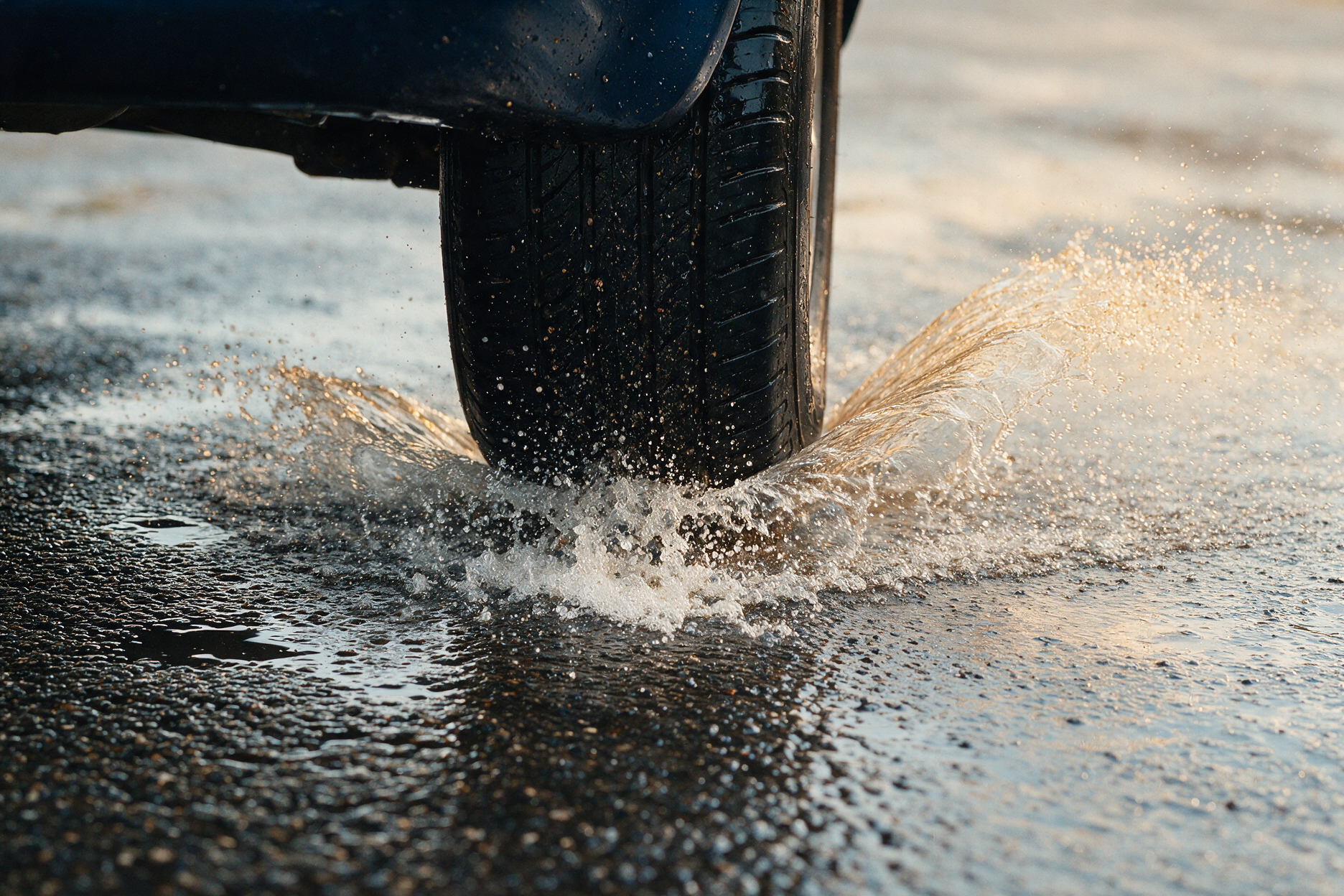 Rainy-Season Car Accidents in Florida: Hydroplaning and Who's Liable 1 Car tire splashing through standing water on wet pavement