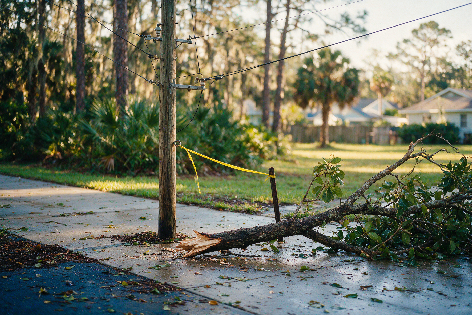 Injuries After a Hurricane in Florida: Debris, Downed Power Lines, and Property Owner Duties 1 Fallen tree limb near a utility pole and caution tape after a Florida hurricane